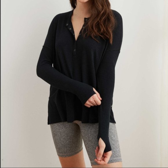 Aerie Ribbed Henley Long Sleeve T-Shirt - White - Picture 6 of 12